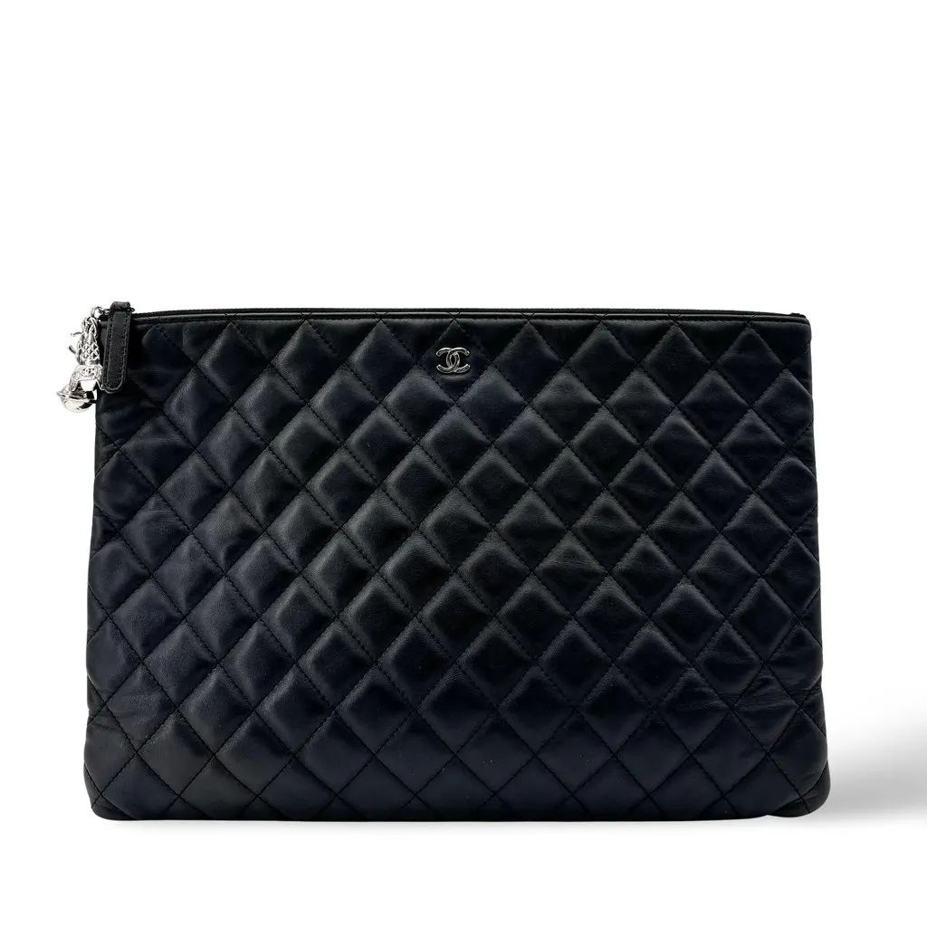 Chanel Lambskin Classic Large Pouch Black Silver Hardware Black Leather Good - Front View