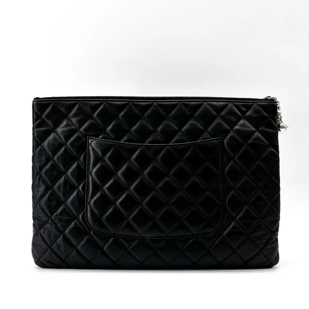 Chanel Lambskin Classic Large Pouch Black Silver Hardware Black Leather Good - Back View