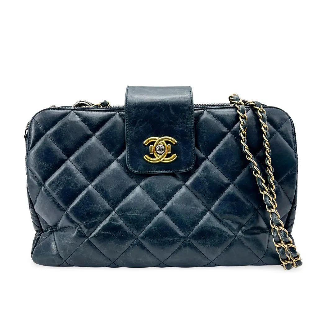 Chanel Vintage Lambskin Frame Chain Shoulder Bag Navy Gold Hardware Gold Leather Very good - Front View