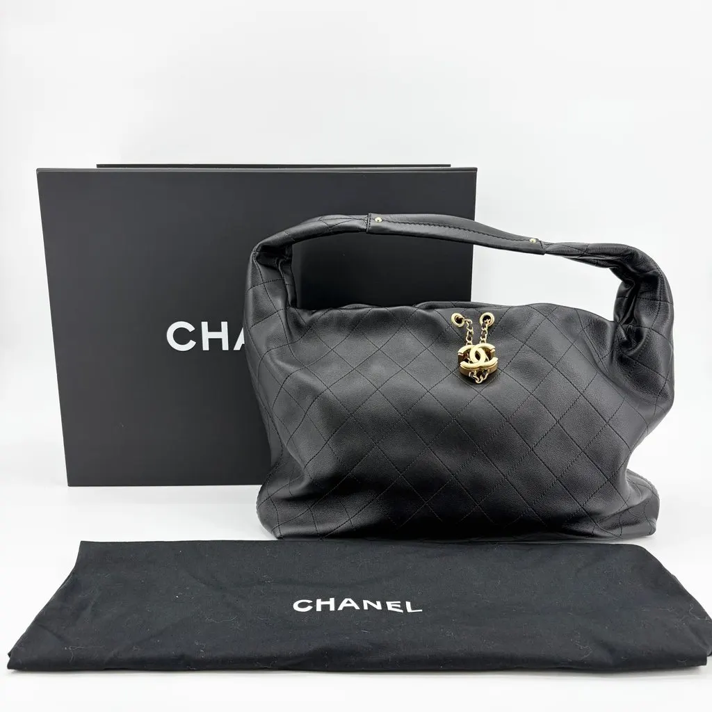 Chanel Quilted CC Charm Hobo Bag Black Gold Hardware Black Leather Very good - Back View