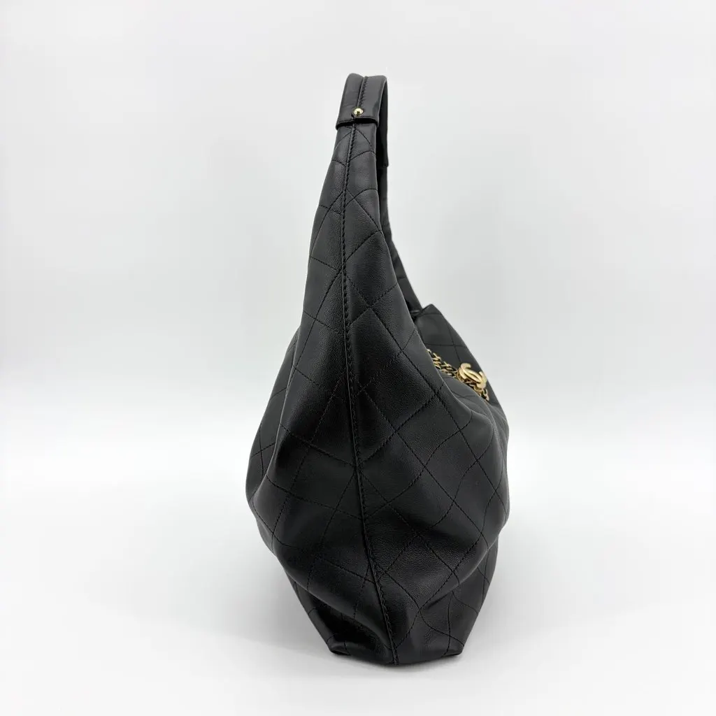 Chanel Quilted CC Charm Hobo Bag Black Gold Hardware Black Leather Very good - Box View
