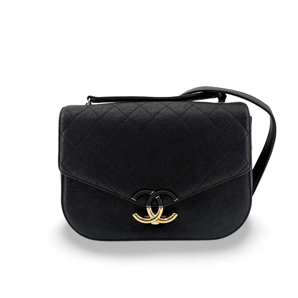 Chanel Coco Curve Flap Bag Medium Black Gold Hardware Black Leather Good - Front View