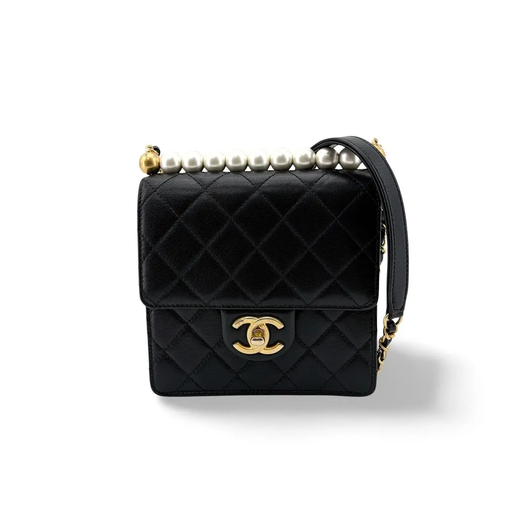 Chanel Lambskin Pearl Top Handle Mini Flap Bag Black Gold Hardware Black Leather Good - Front View