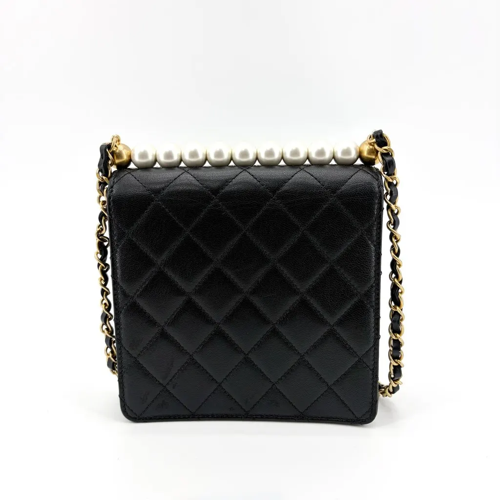 Chanel Lambskin Pearl Top Handle Mini Flap Bag Black Gold Hardware Black Leather Good - Back View