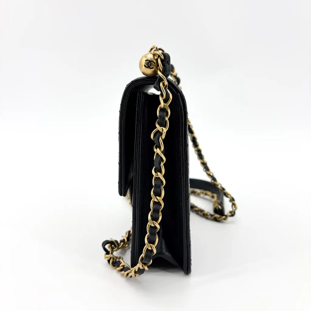 Chanel Lambskin Pearl Top Handle Mini Flap Bag Black Gold Hardware Black Leather Good - Inside View