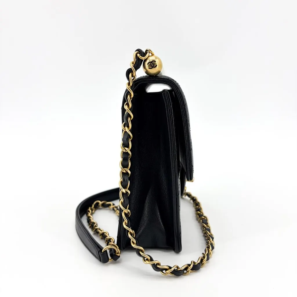 Chanel Lambskin Pearl Top Handle Mini Flap Bag Black Gold Hardware Black Leather Good - Model View
