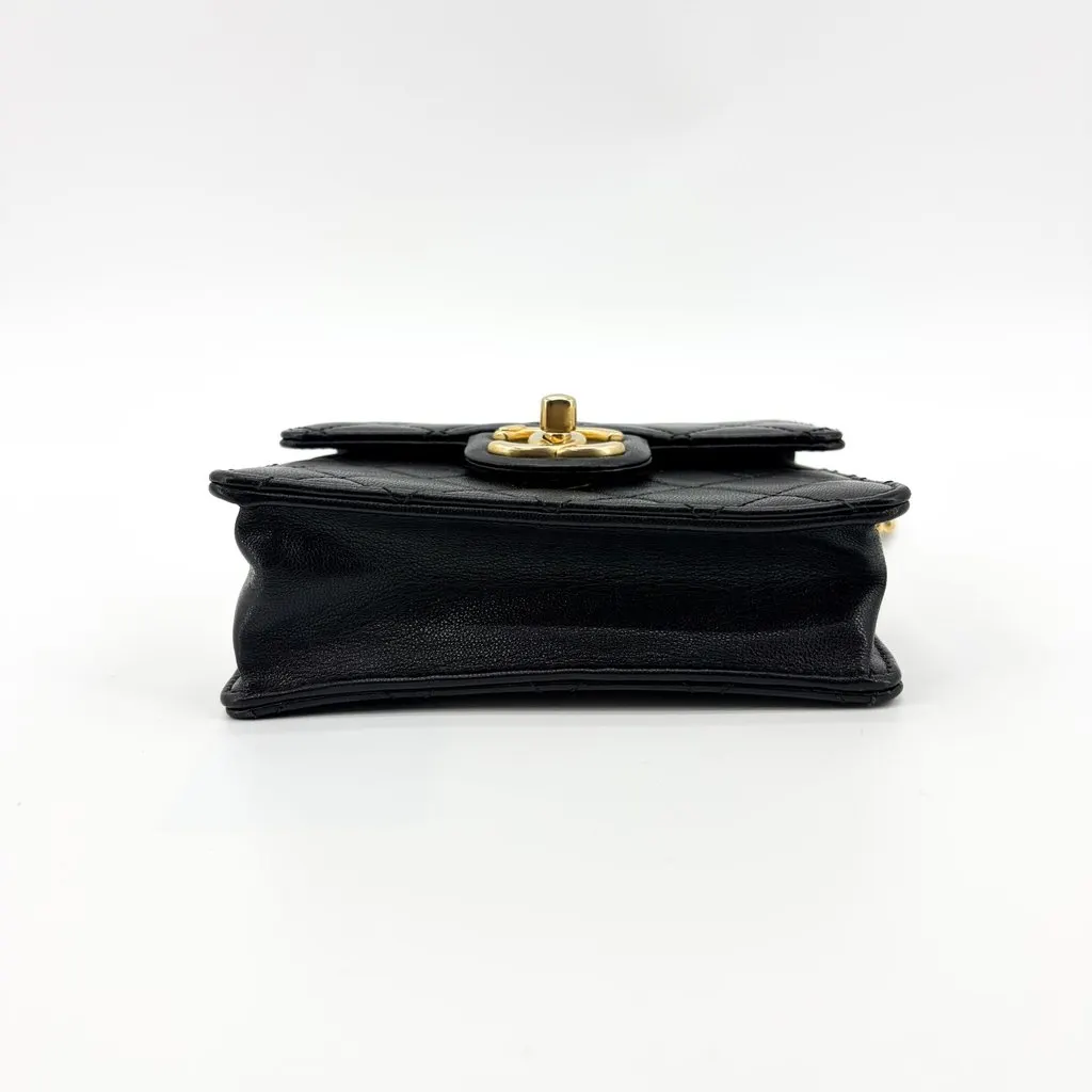 Chanel Lambskin Pearl Top Handle Mini Flap Bag Black Gold Hardware Black Leather Good - Box View