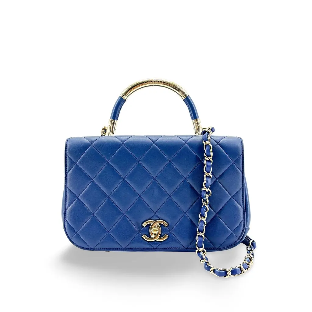 Chanel Lambskin Metal Top Handle Flap Bag Gold Hardware Blue Blue Leather Very good - Front View