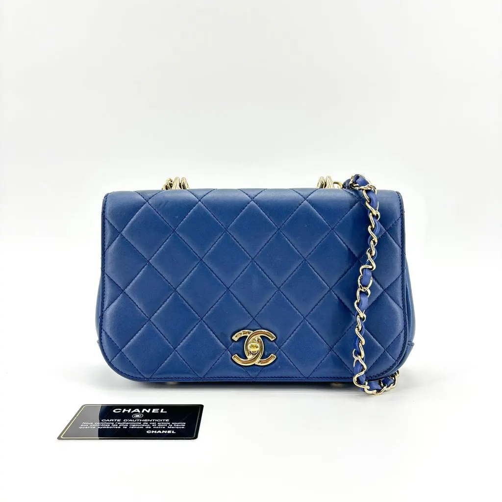 Chanel Lambskin Metal Top Handle Flap Bag Gold Hardware Blue Blue Leather Very good - Back View