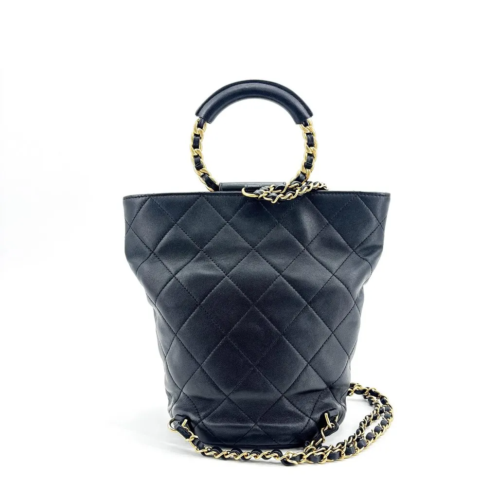 Chanel Vintage Lambskin Top Handle Bucket Bag Black Gold Hardware Black Leather Very good - Inside View