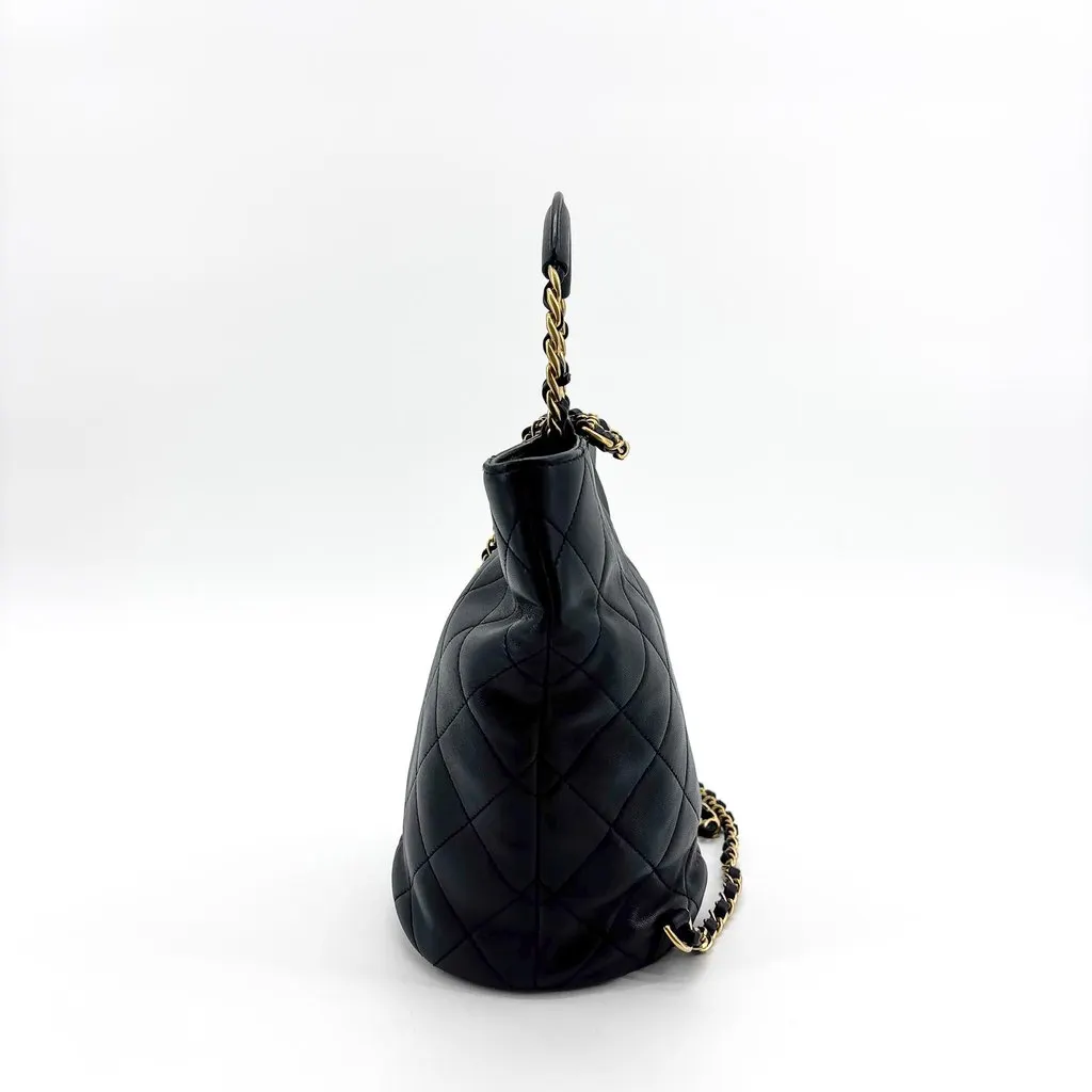 Chanel Vintage Lambskin Top Handle Bucket Bag Black Gold Hardware Black Leather Very good - Model View