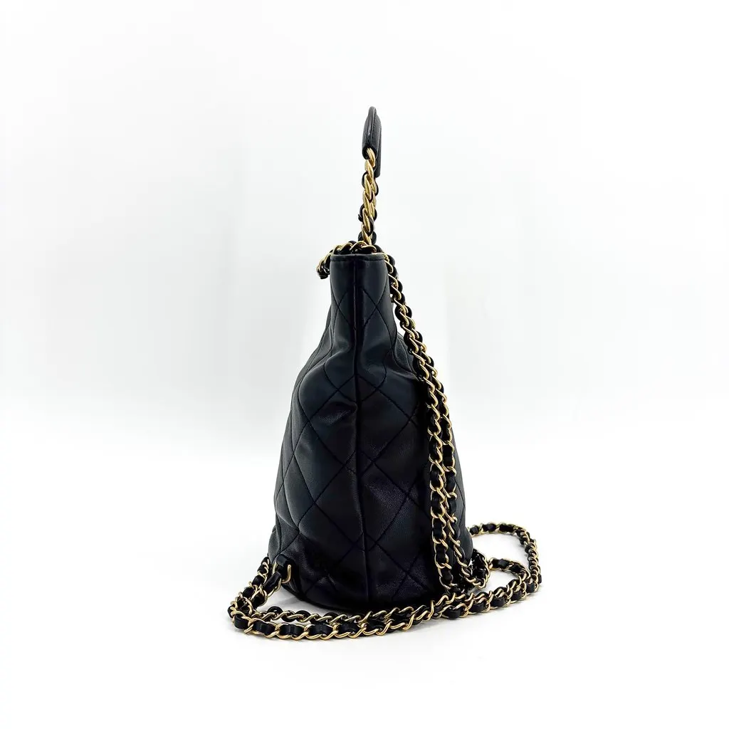 Chanel Vintage Lambskin Top Handle Bucket Bag Black Gold Hardware Black Leather Very good - Box View