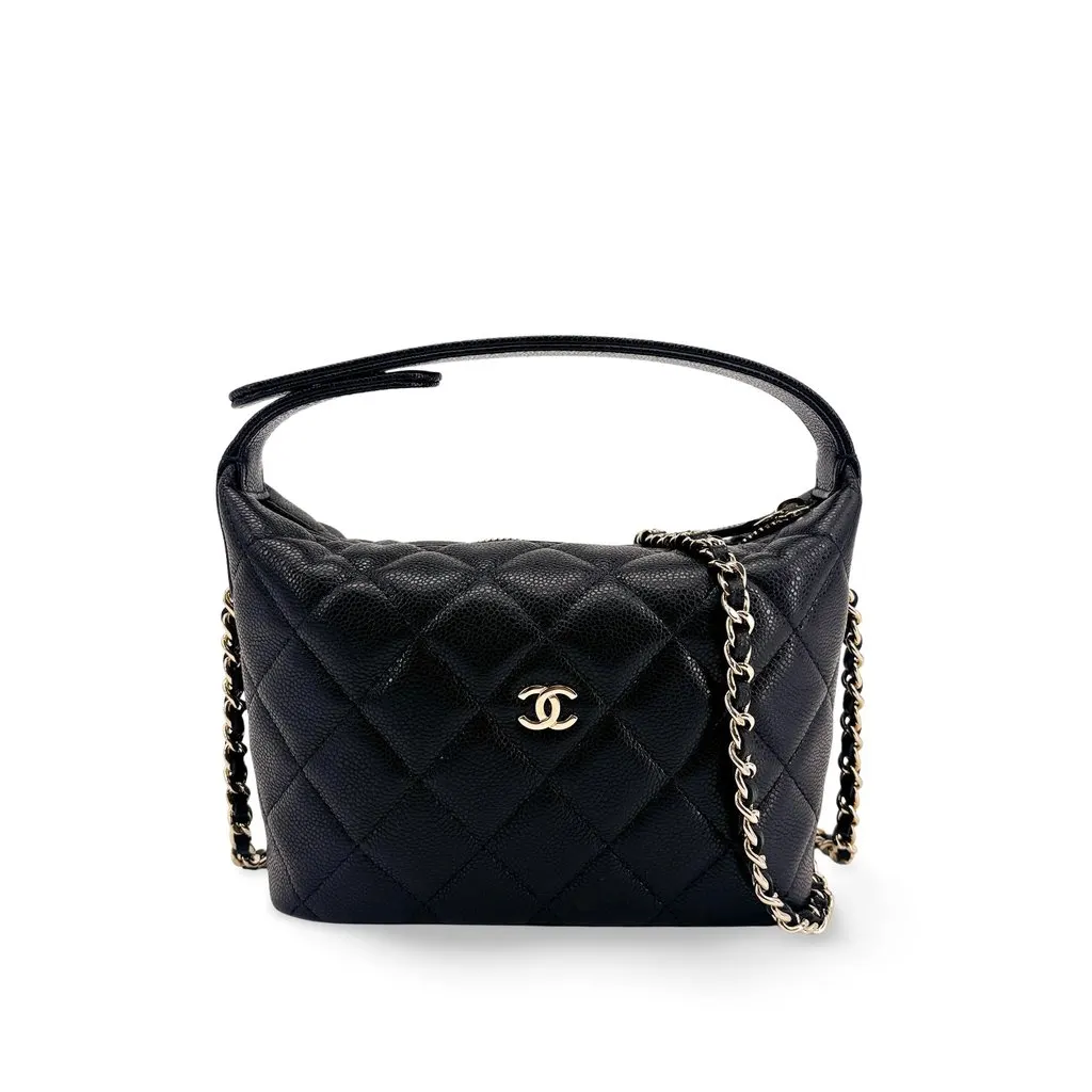 Chanel Caviar Quilted Small Hobo Bag Black Gold Hardware Black Leather Very good - Front View