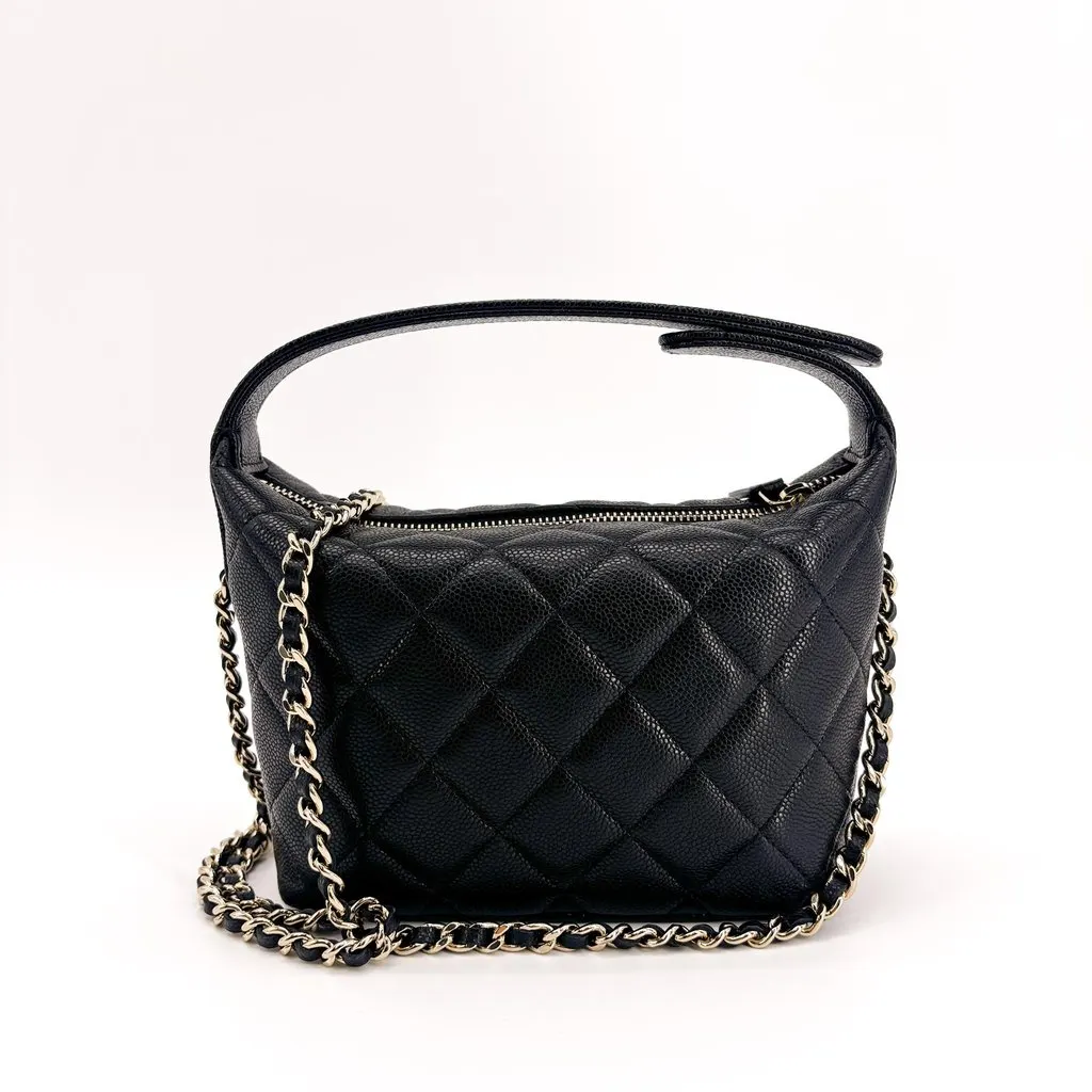 Chanel Caviar Quilted Small Hobo Bag Black Gold Hardware Black Leather Very good - Inside View