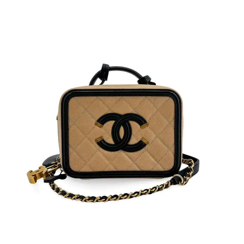 Chanel CC Filigree Vanity Case Small Beige Black Beige Leather Very good - Front View