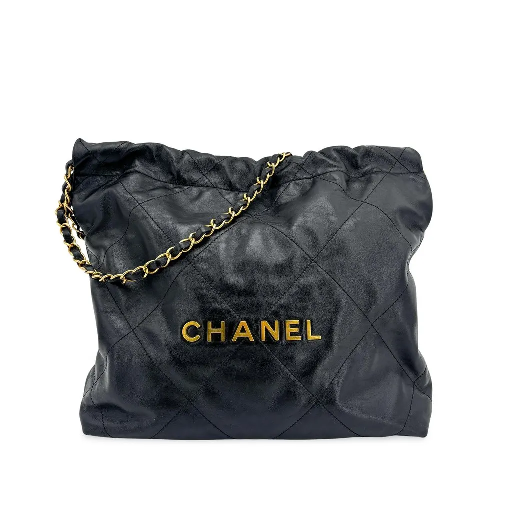 Chanel 22 Medium Shoulder Bag Black Gold Hardware Black Leather Very good - Front View