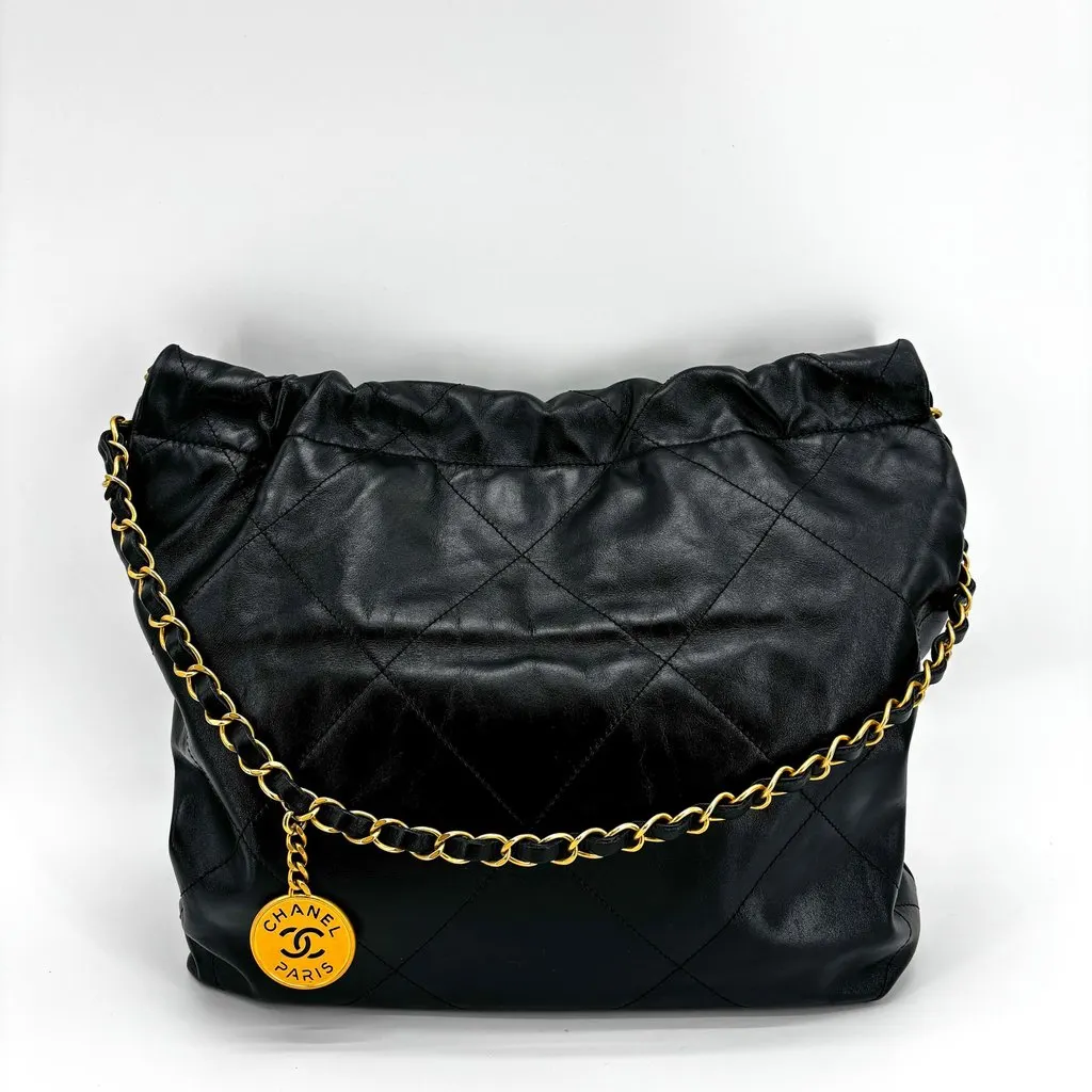Chanel 22 Medium Shoulder Bag Black Gold Hardware Black Leather Very good - Inside View