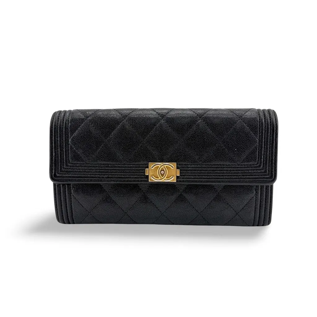 Chanel Boy Quilted Flap Long Wallet Black Gold Hardware Black Leather Good - Front View