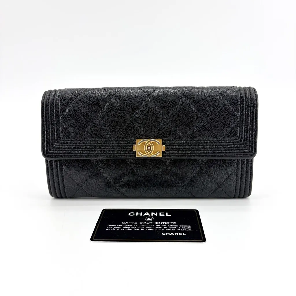 Chanel Boy Quilted Flap Long Wallet Black Gold Hardware Black Leather Good - Back View