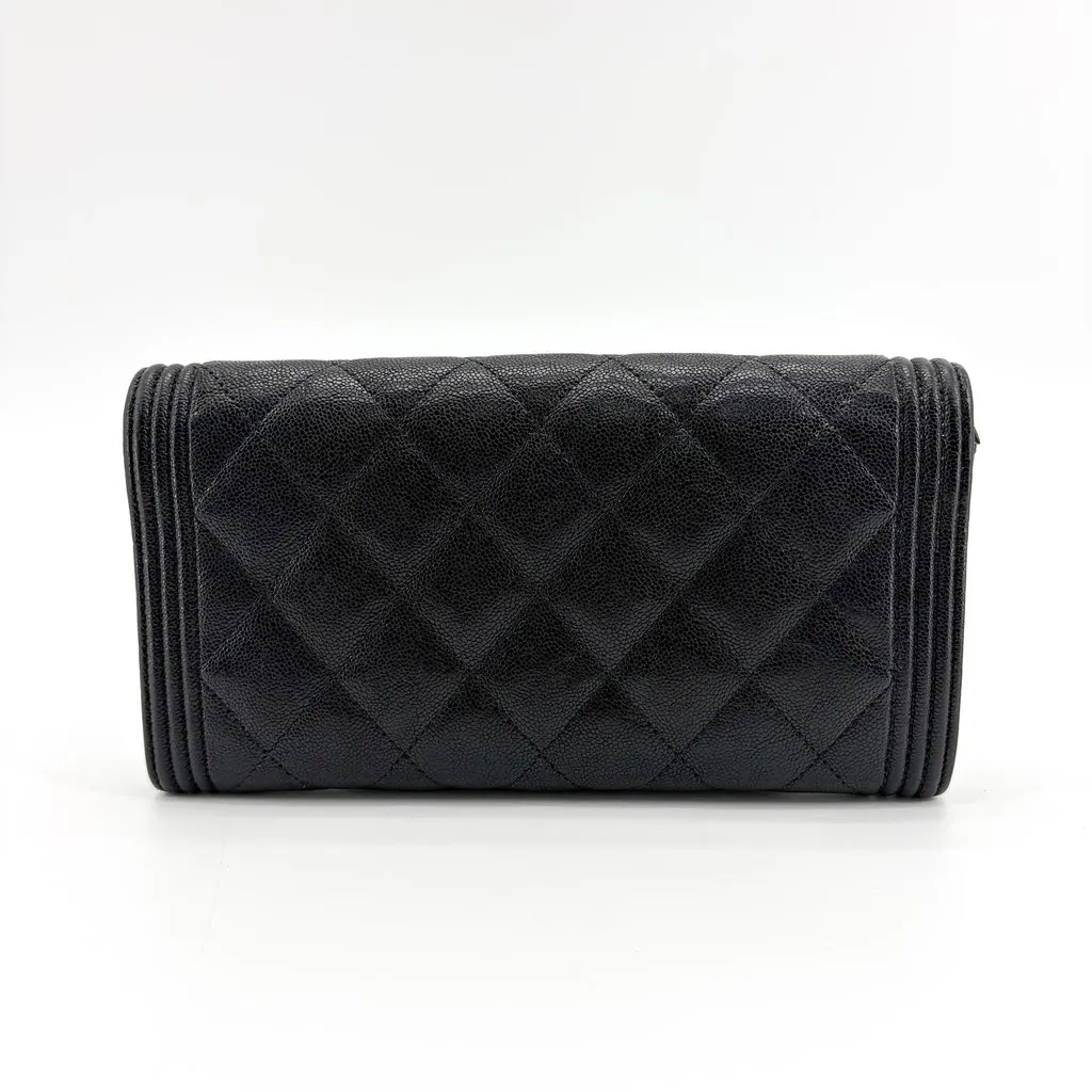 Chanel Boy Quilted Flap Long Wallet Black Gold Hardware Black Leather Good - Inside View