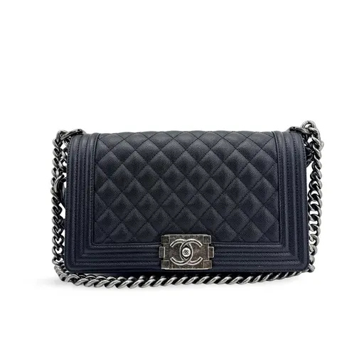 Chanel Boy Flap Bag Medium Black Caviar Vintage Silver Hardware