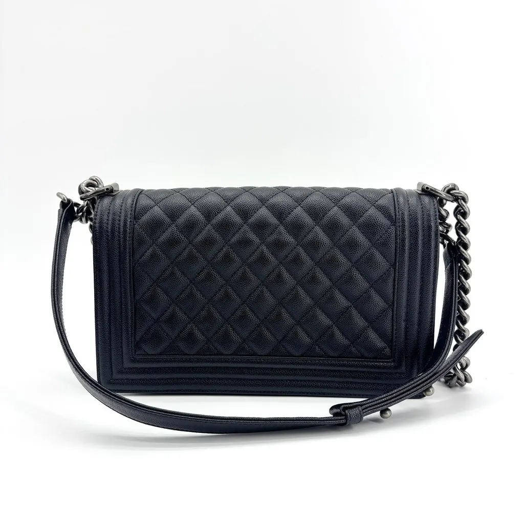 Chanel Boy Flap Bag Medium Black Caviar Vintage Silver Hardware Black Leather Very good - Inside View