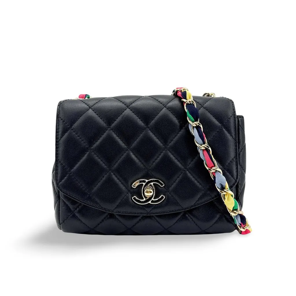 Chanel Mini Flap Bag Black Lambskin Gold-Tone Hardware Multicolor Ribbon Chain Black Leather Very good - Front View