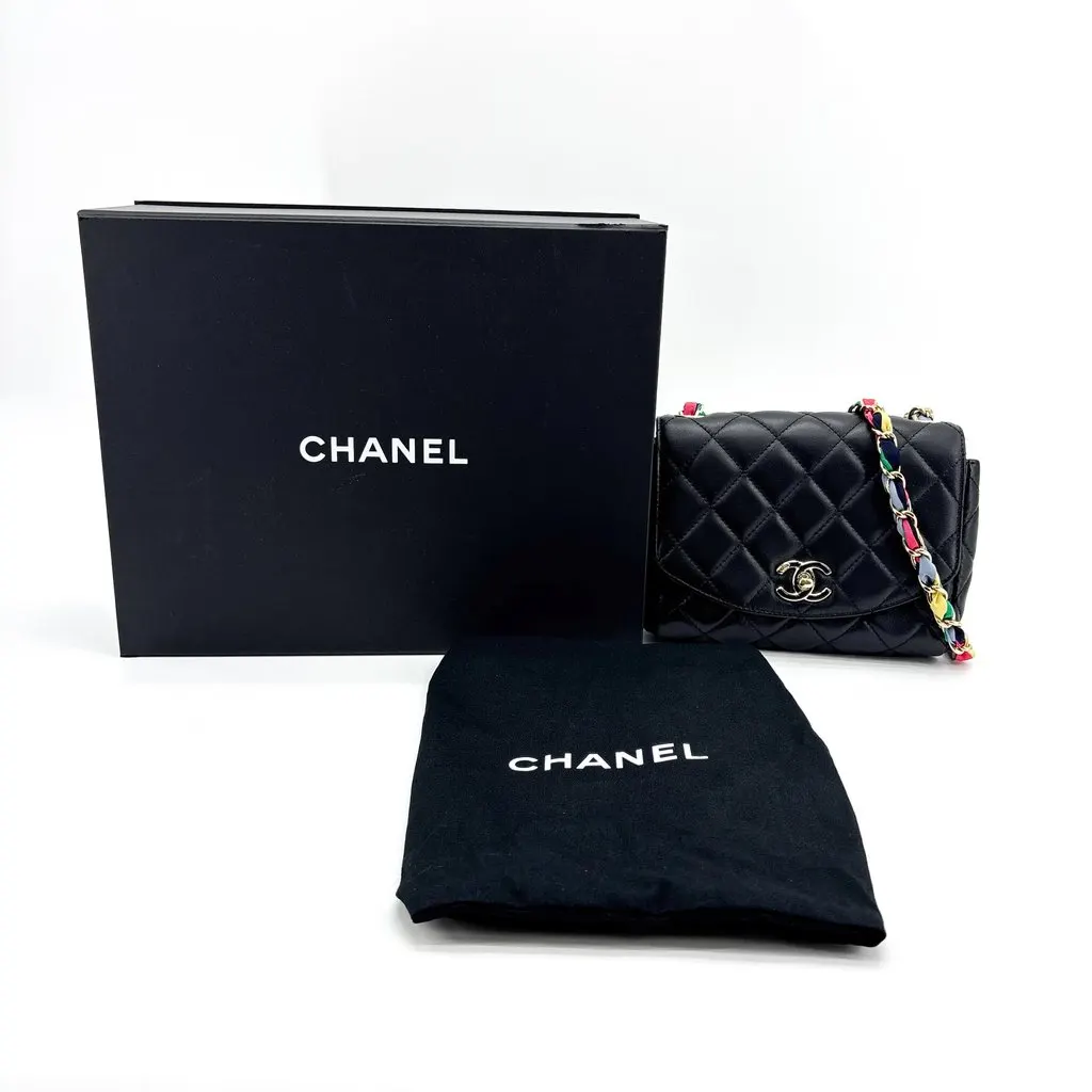 Chanel Mini Flap Bag Black Lambskin Gold-Tone Hardware Multicolor Ribbon Chain Black Leather Very good - Back View