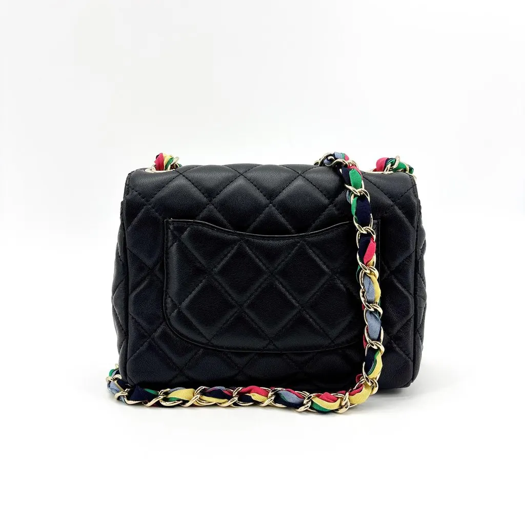 Chanel Mini Flap Bag Black Lambskin Gold-Tone Hardware Multicolor Ribbon Chain Black Leather Very good - Inside View