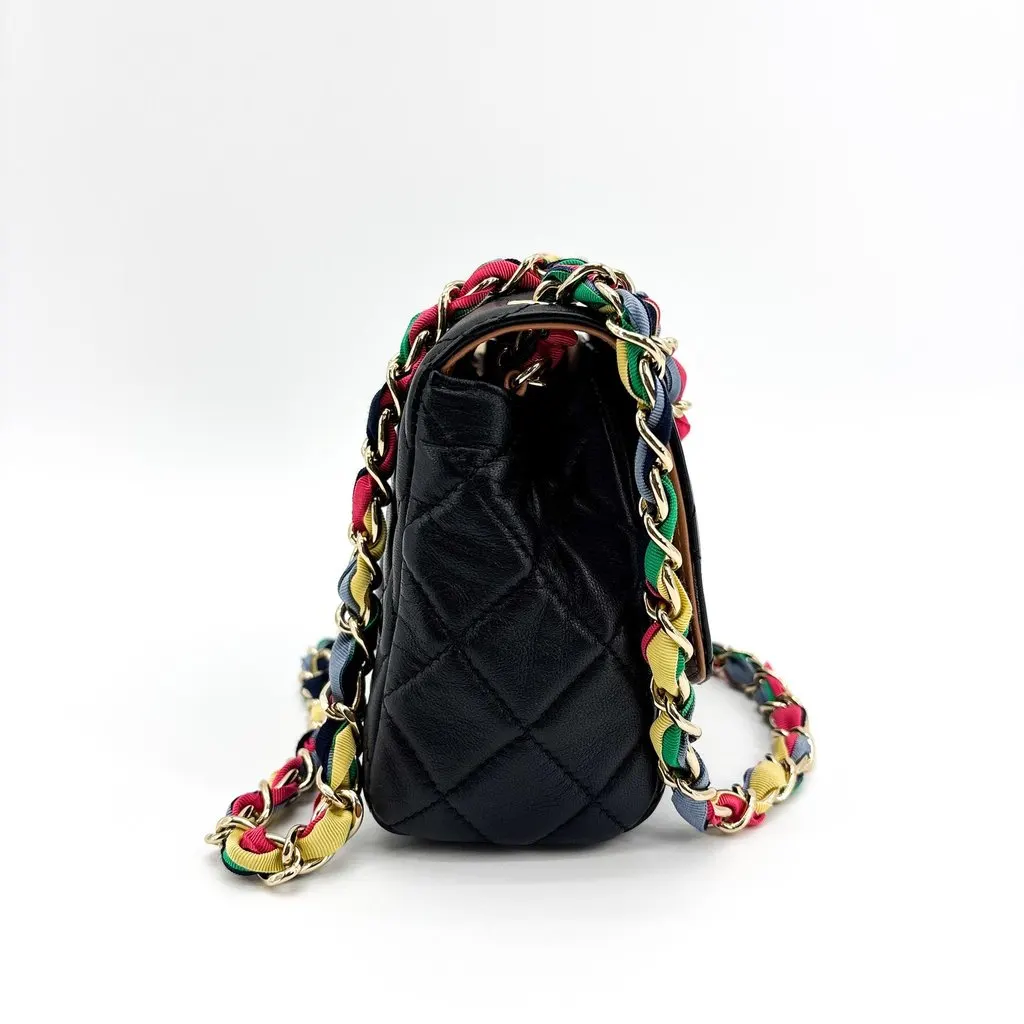 Chanel Mini Flap Bag Black Lambskin Gold-Tone Hardware Multicolor Ribbon Chain Black Leather Very good - Model View