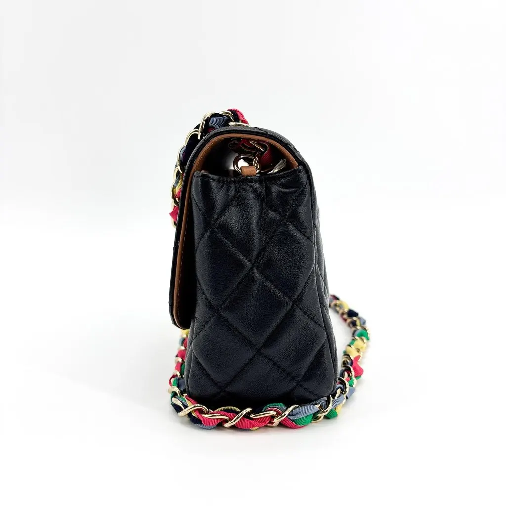 Chanel Mini Flap Bag Black Lambskin Gold-Tone Hardware Multicolor Ribbon Chain Black Leather Very good - Box View