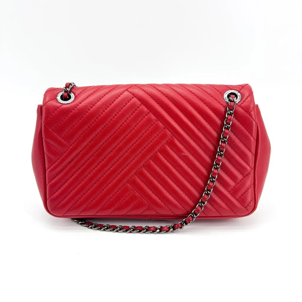 Chanel Chevron Coco Mark Flap Shoulder Bag Red Silver Hardware Red Leather Very good - Inside View