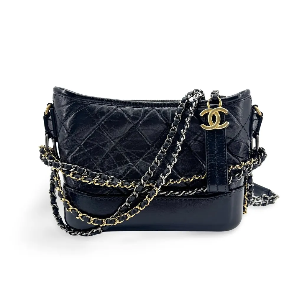 Chanel Gabrielle Small Hobo Bag Black Vintage Calfskin Black Leather Good - Front View