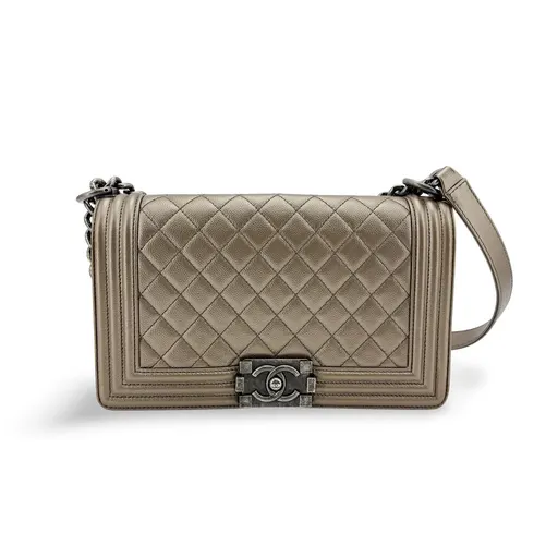 Chanel Boy Bag Medium Metallic Gray Caviar Vintage Silver Hardware