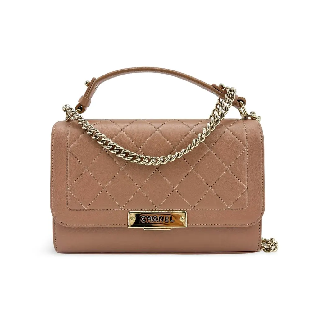 Chanel Statement Top Handle Flap Bag Medium Beige Gold Hardware Beige Leather Good - Front View