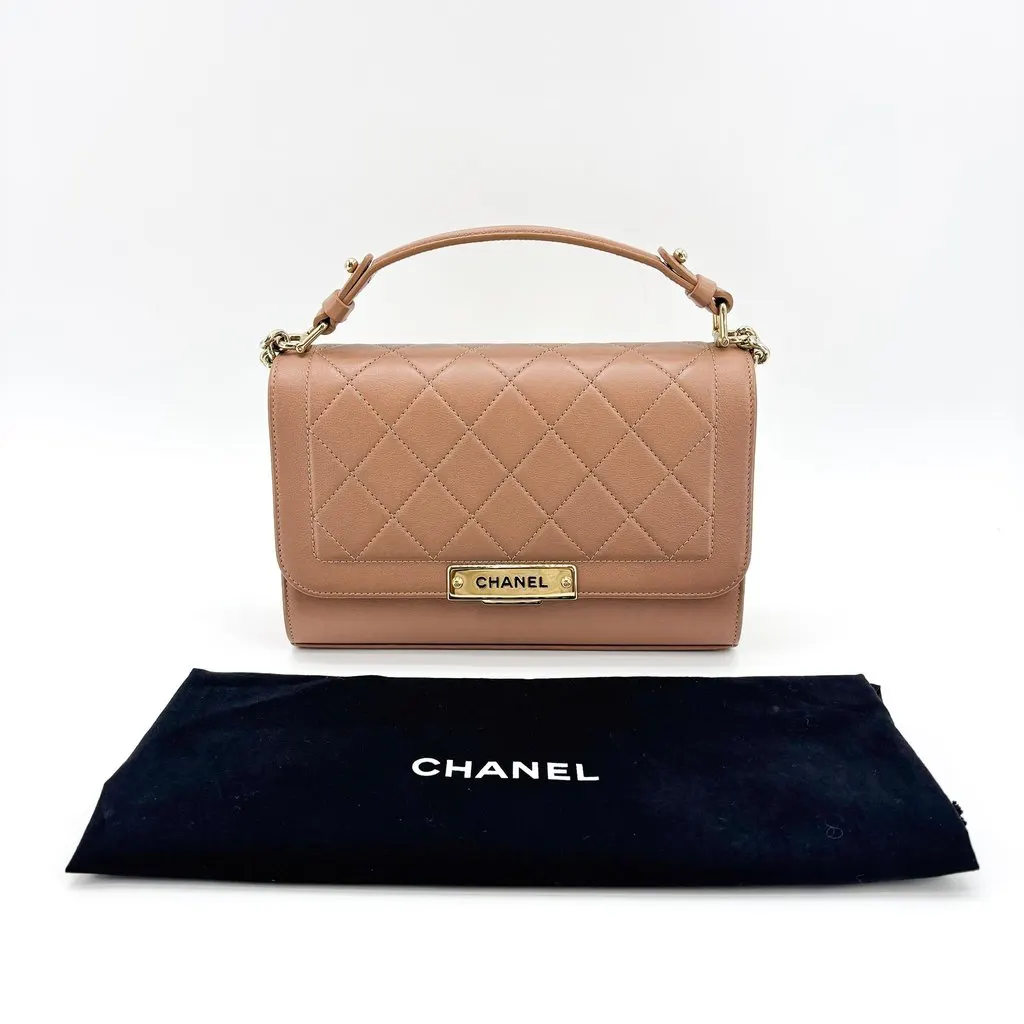 Chanel Statement Top Handle Flap Bag Medium Beige Gold Hardware Beige Leather Good - Back View