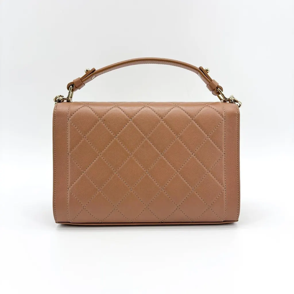 Chanel Statement Top Handle Flap Bag Medium Beige Gold Hardware Beige Leather Good - Inside View