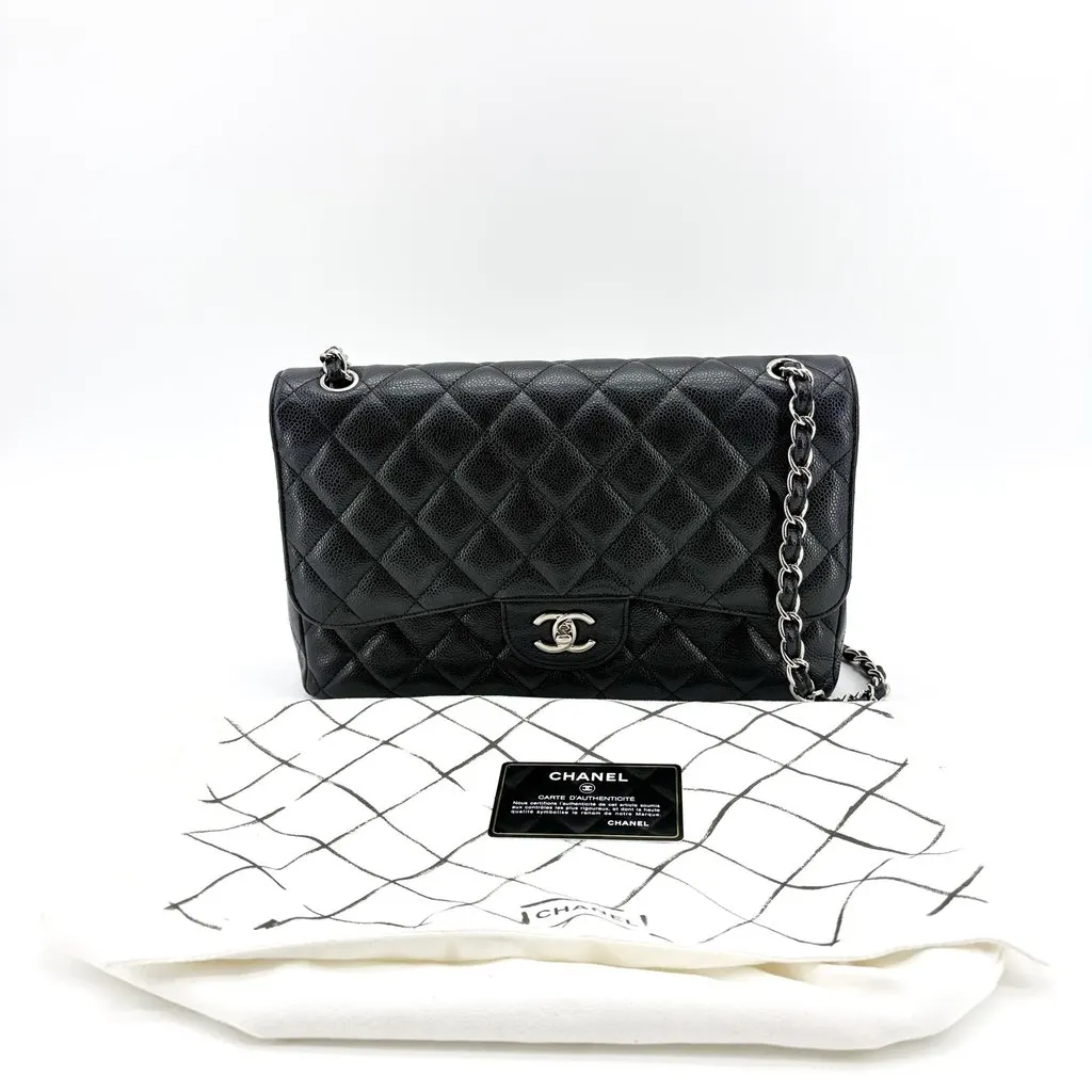 Chanel Classic Flap Bag Medium Black Silver Hardware Black Leather Very good - Back View