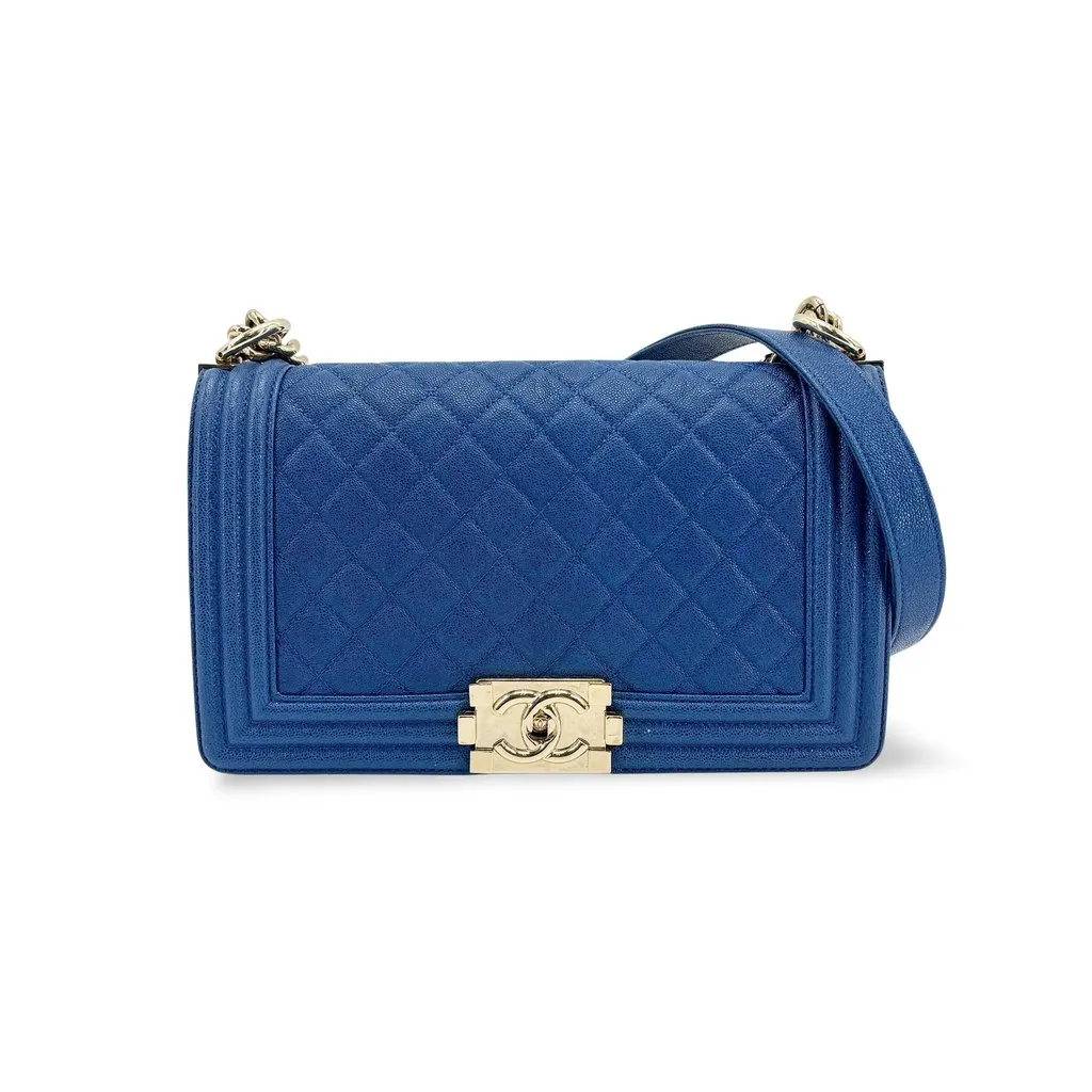 Chanel Boy Medium Flap Bag Champagne Gold Blue Caviar Blue Leather Very good - Front View