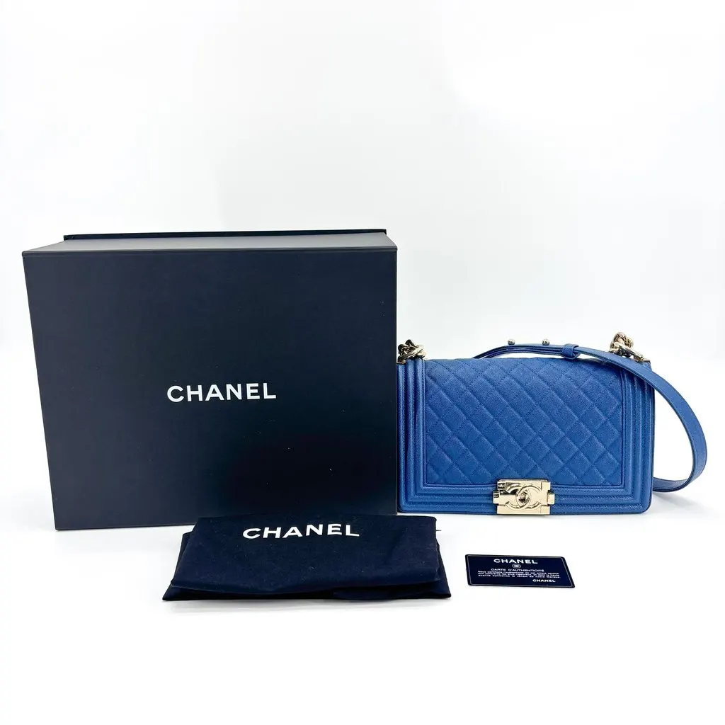 Chanel Boy Medium Flap Bag Champagne Gold Blue Caviar Blue Leather Very good - Back View