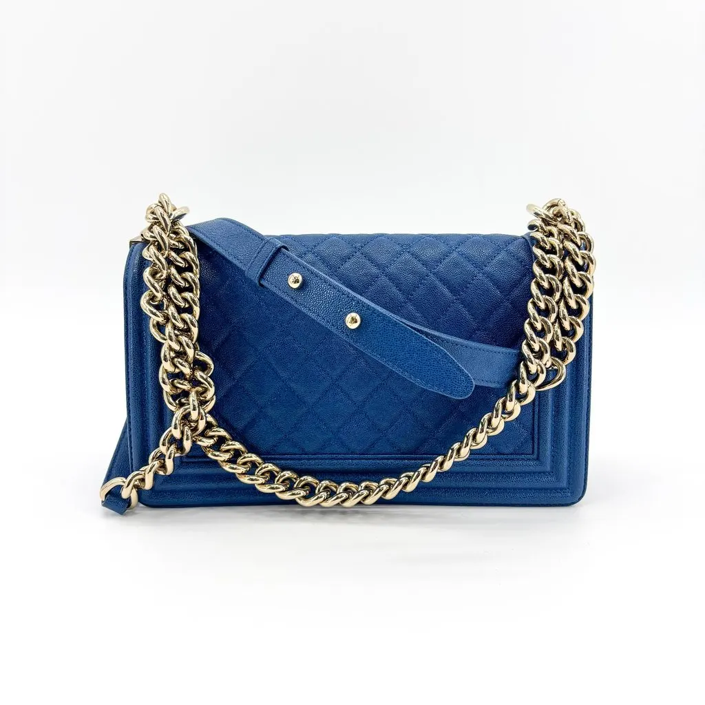 Chanel Boy Medium Flap Bag Champagne Gold Blue Caviar Blue Leather Very good - Inside View