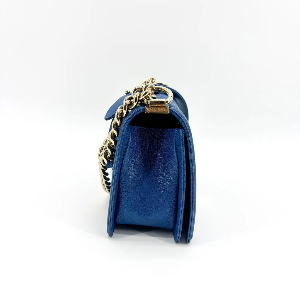 Chanel Boy Medium Flap Bag Champagne Gold Blue Caviar Blue Leather Very good - Box View