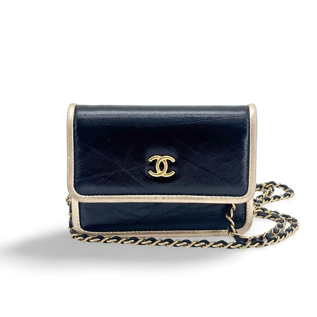 Chanel Calfskin Metallic Gold Trim Mini Flap Bag with Chain Black Black Leather Very good - Front View