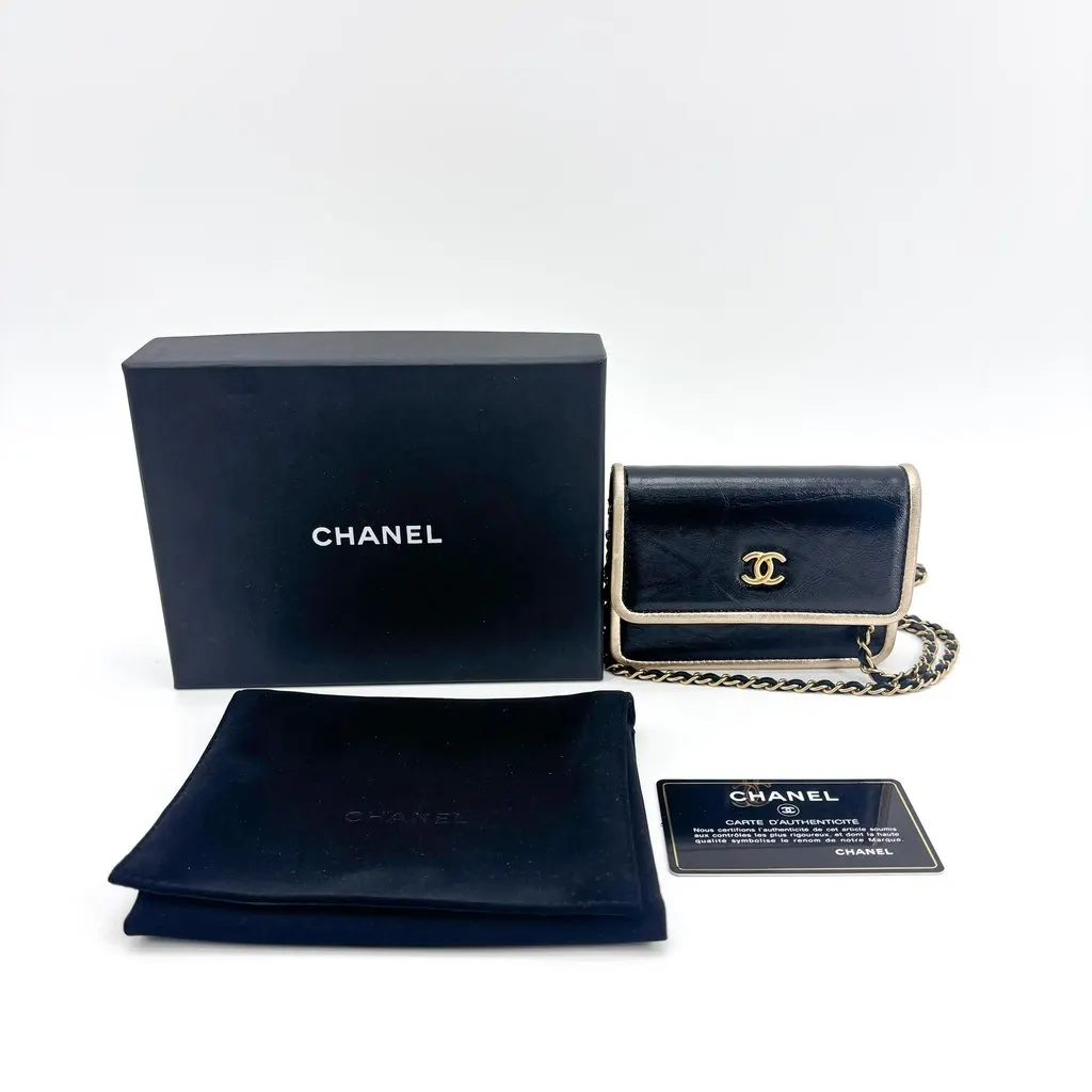 Chanel Calfskin Metallic Gold Trim Mini Flap Bag with Chain Black Black Leather Very good - Back View