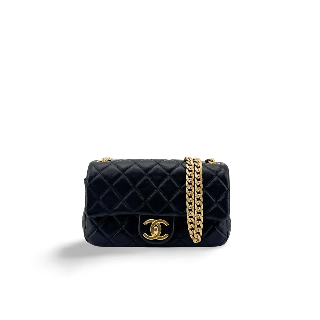 Chanel Lambskin Chunky Chain Mini Flap Bag Black Gold Hardware Black Leather Very good - Front View