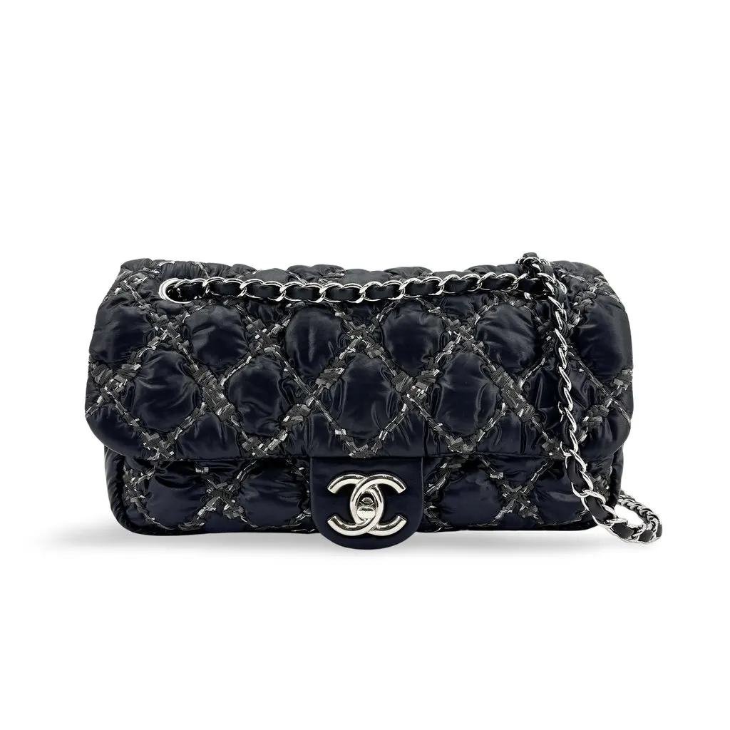 Chanel Chain Quilted Satin Classic Flap Bag Black Silver Hardware Black Satin Good - Front View