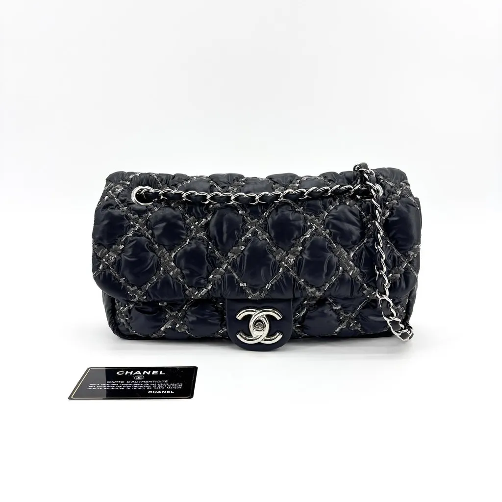 Chanel Chain Quilted Satin Classic Flap Bag Black Silver Hardware Black Satin Good - Back View