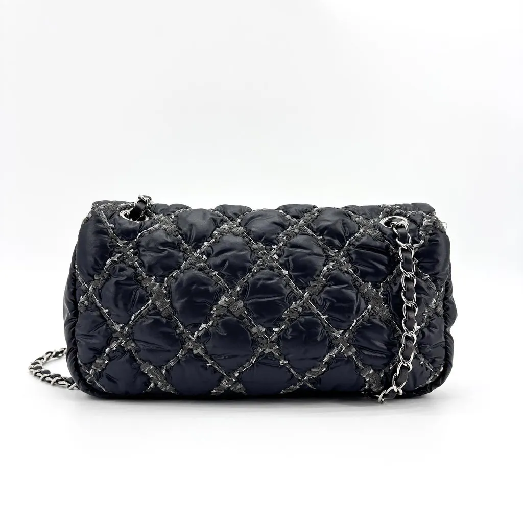 Chanel Chain Quilted Satin Classic Flap Bag Black Silver Hardware Black Satin Good - Inside View
