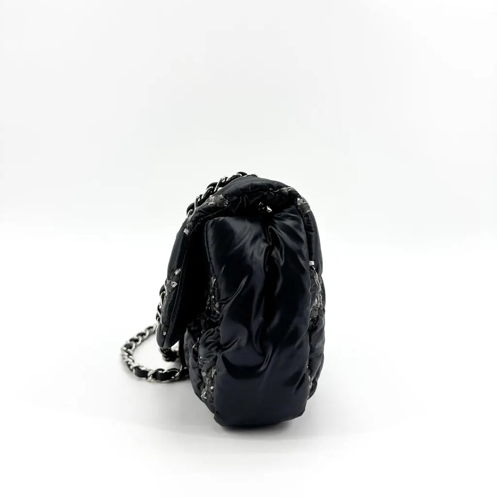 Chanel Chain Quilted Satin Classic Flap Bag Black Silver Hardware Black Satin Good - Model View