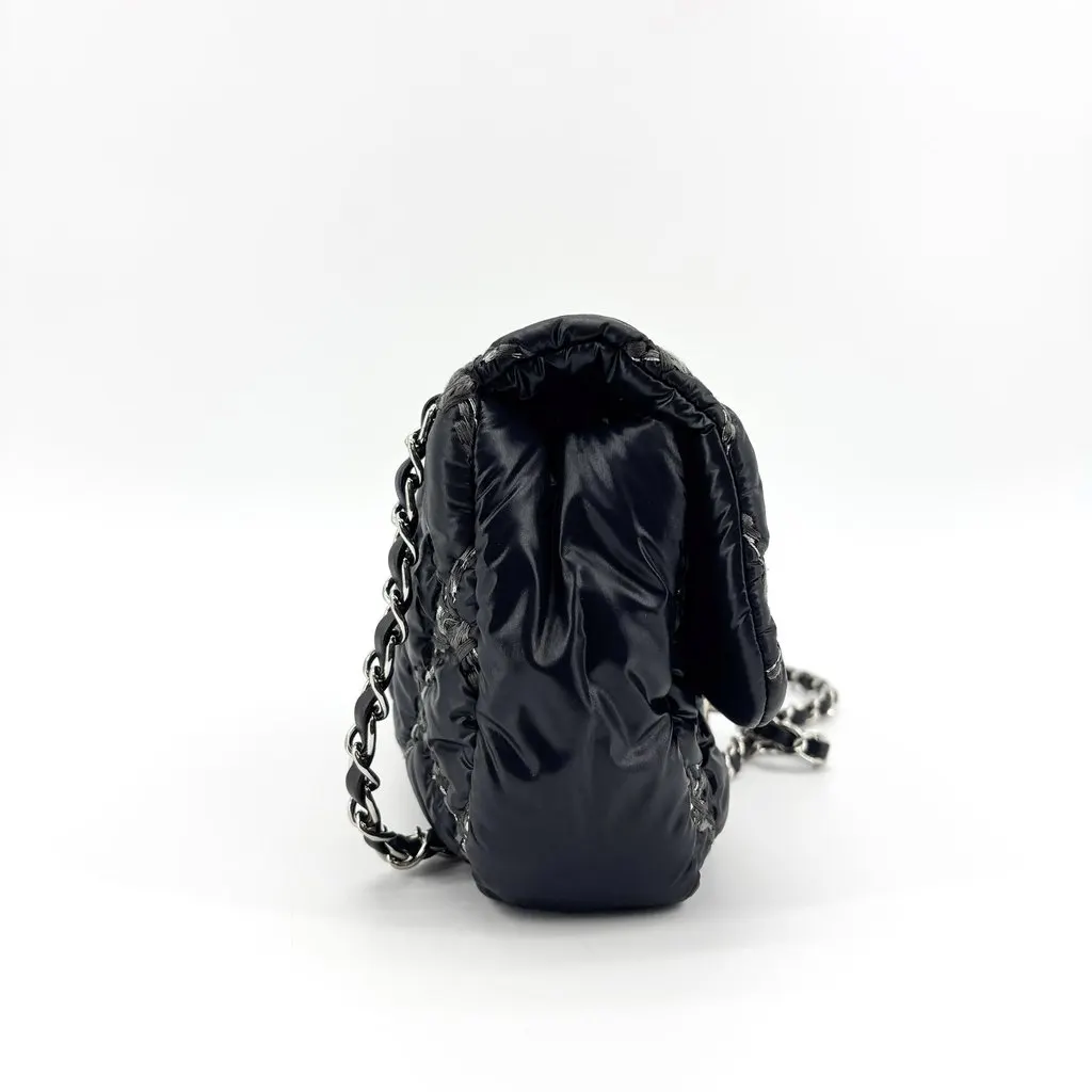 Chanel Chain Quilted Satin Classic Flap Bag Black Silver Hardware Black Satin Good - Box View